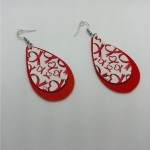 Tear Drop Faux Leather Red and White Earrings